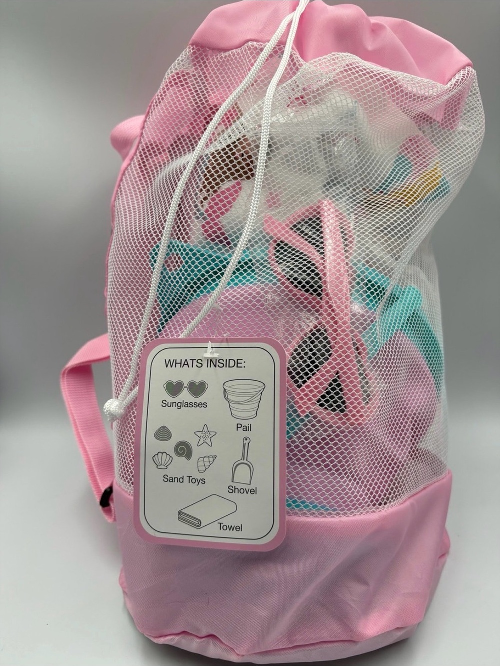 Kids Pink Mesh Beach Bag Set Sand Toys Pail Shovel Towel Flawed
